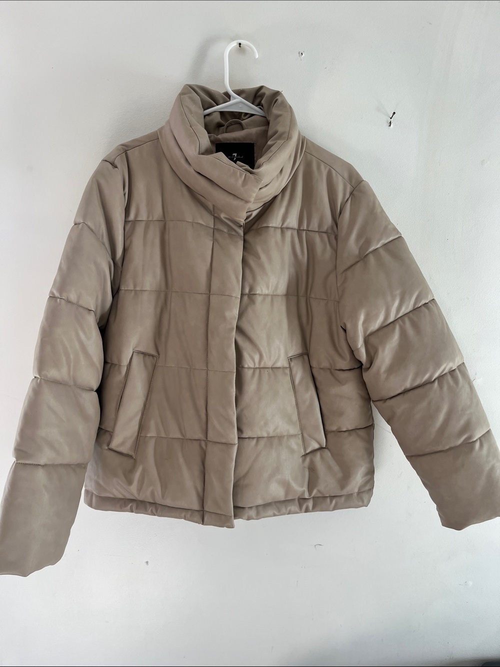 7 For All Mankind Taupe Quilted Puffer Jacket high neck snap closure